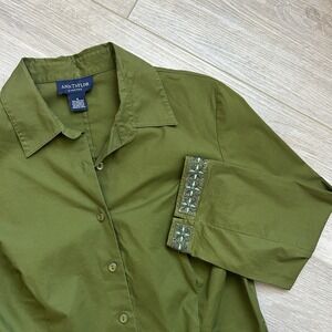 Vtg‎ Anne Taylor Stretch Size 6 Moss Green Button Up Embroidered/ Jeweled Y2K
